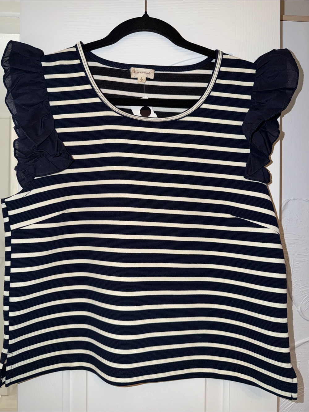 Hem & Thread Navy and White Striped Ruffle Sleeve Top NWT Size Large